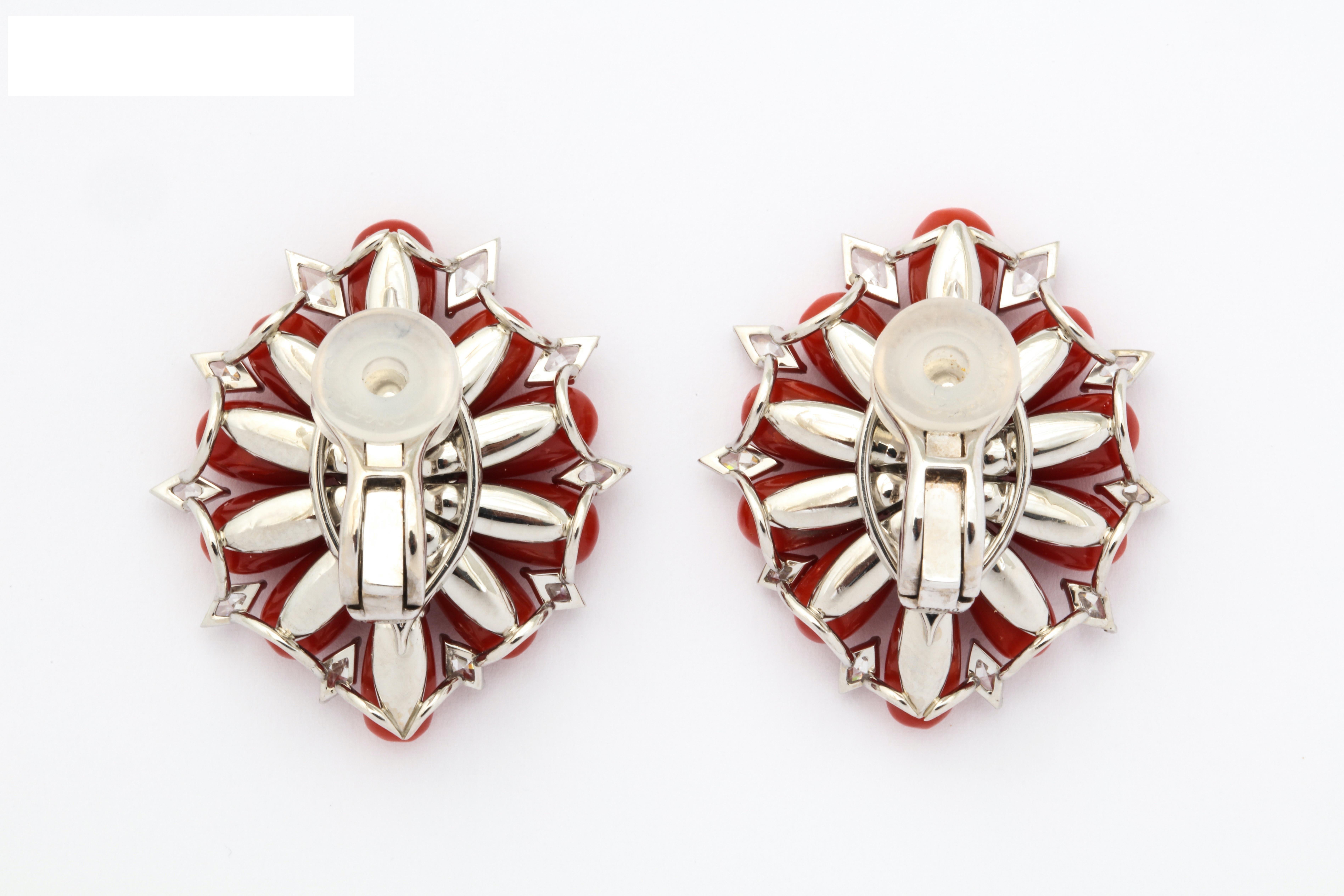 Kite Cut Coral Diamond Platinum Earrings For Sale
