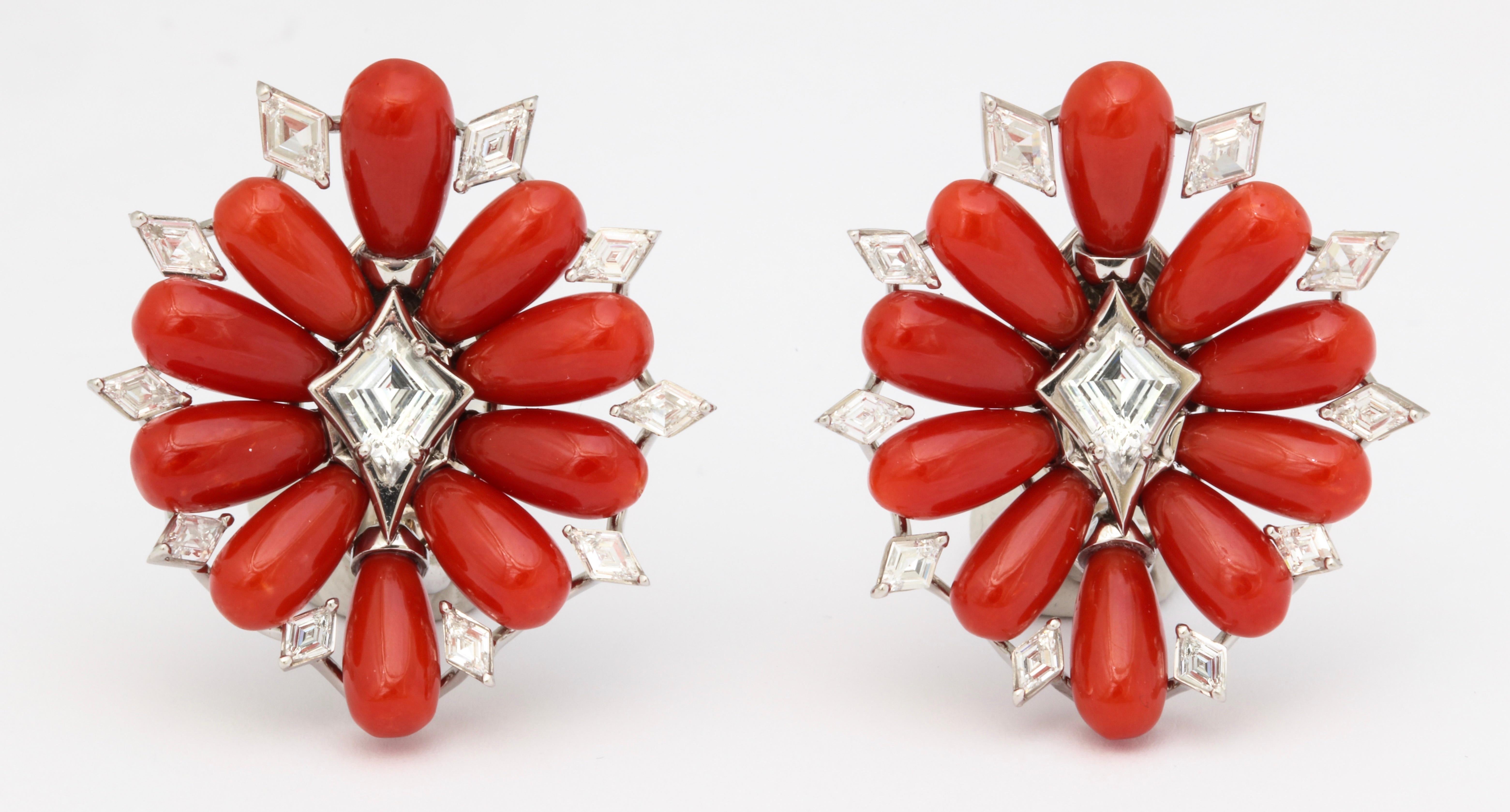Coral Diamond Platinum Earrings In New Condition For Sale In Bal Harbour, FL