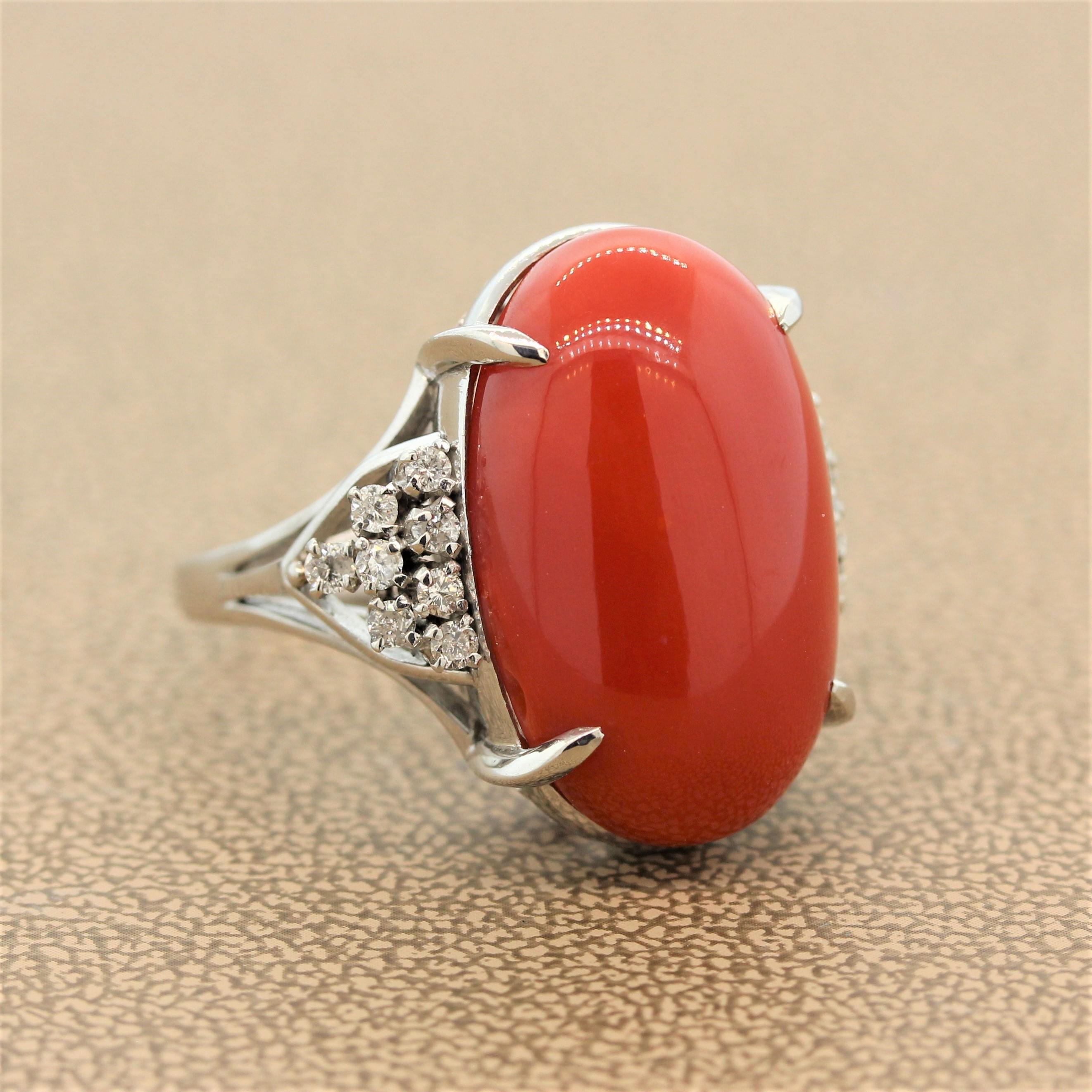 Coral Diamond Platinum Ring In New Condition In Beverly Hills, CA