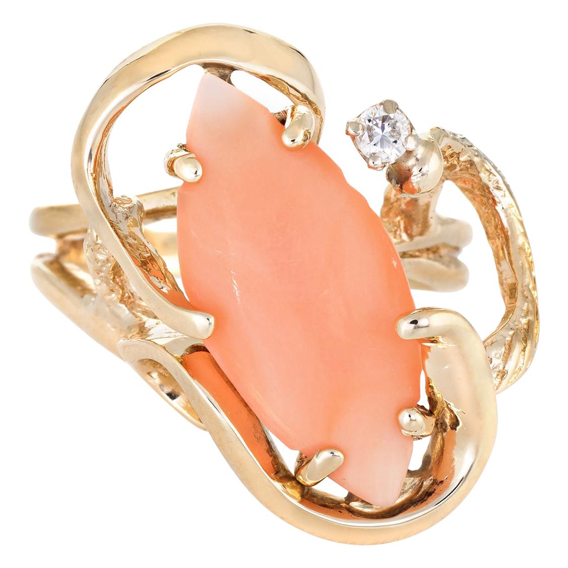 Coral Diamond Ring Vintage 14 Karat Yellow Gold Cocktail Jewelry Estate Fine