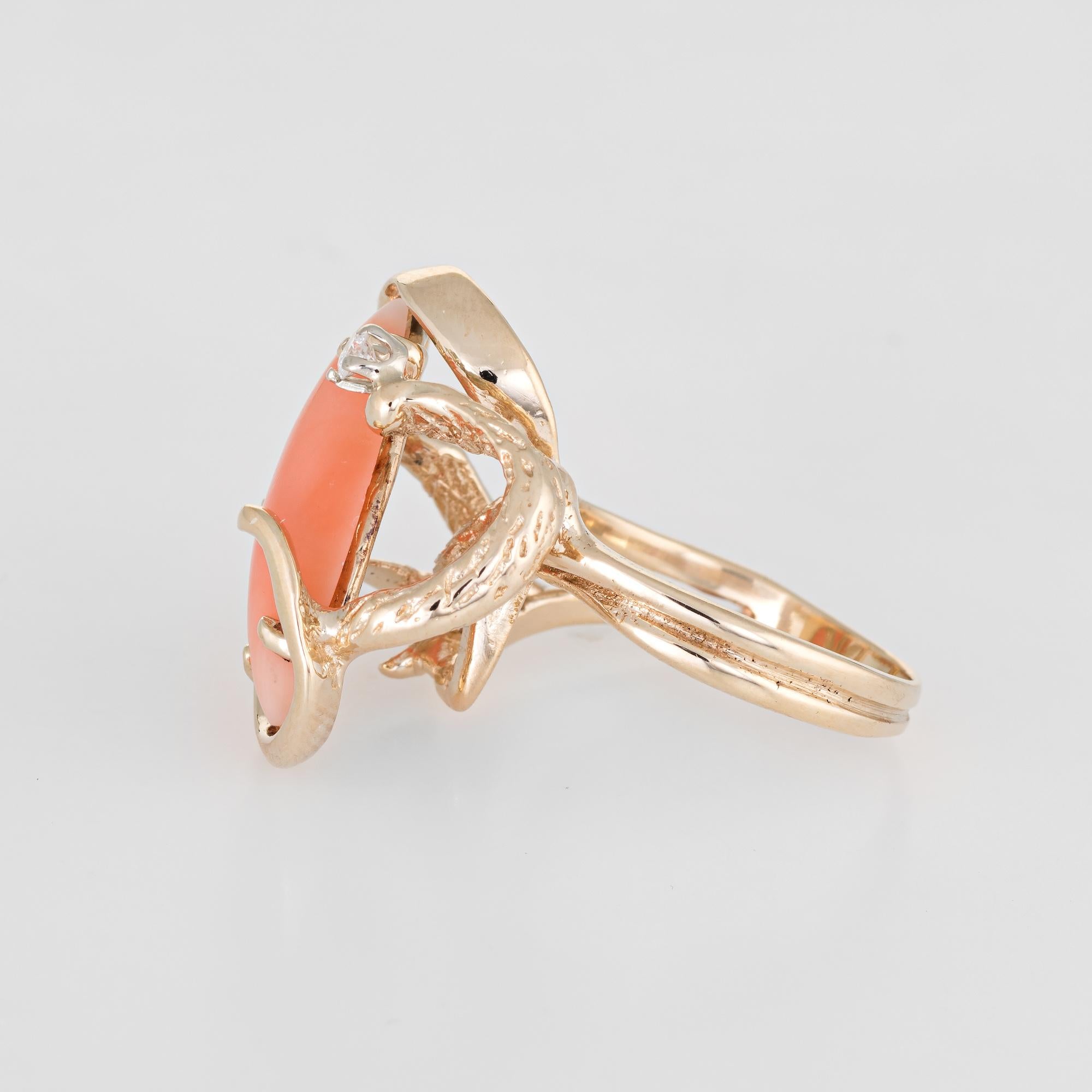 Modern Coral Diamond Ring Vintage 14 Karat Yellow Gold Cocktail Jewelry Estate Fine For Sale