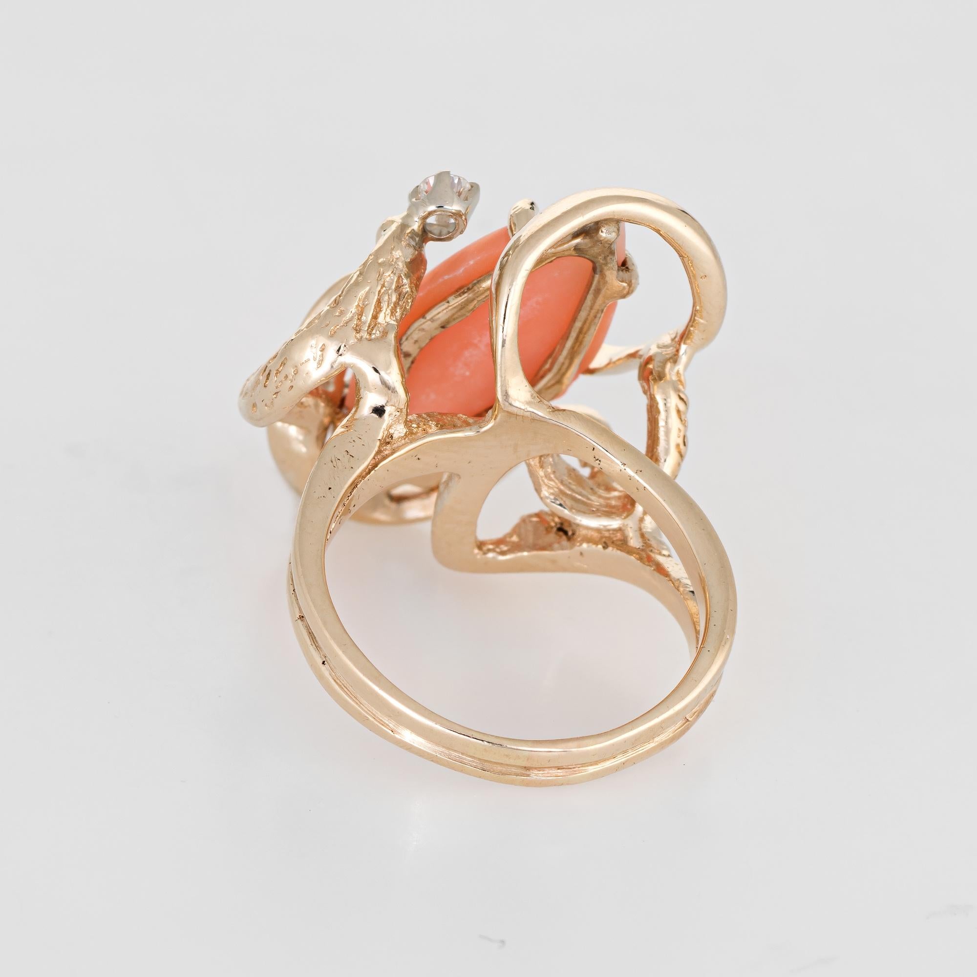 Marquise Cut Coral Diamond Ring Vintage 14 Karat Yellow Gold Cocktail Jewelry Estate Fine For Sale