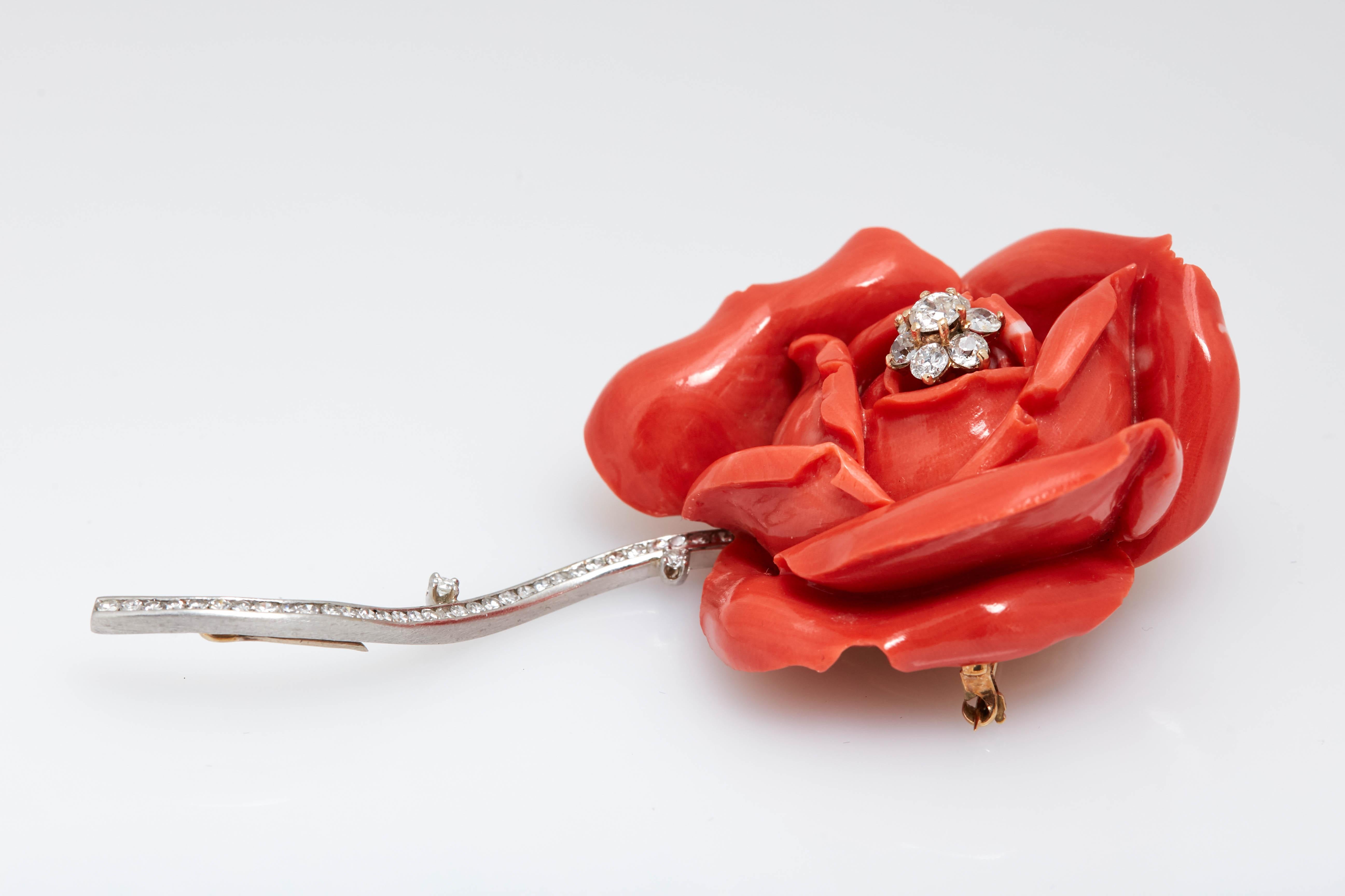 Women's or Men's Coral Diamond Rose Petal Brooch
