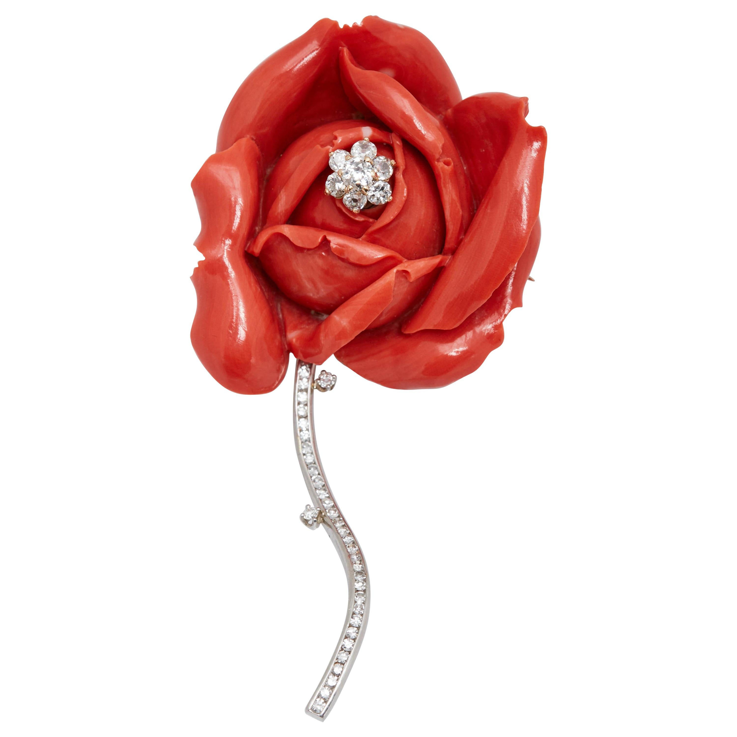 Coral Diamond Rose Petal Brooch