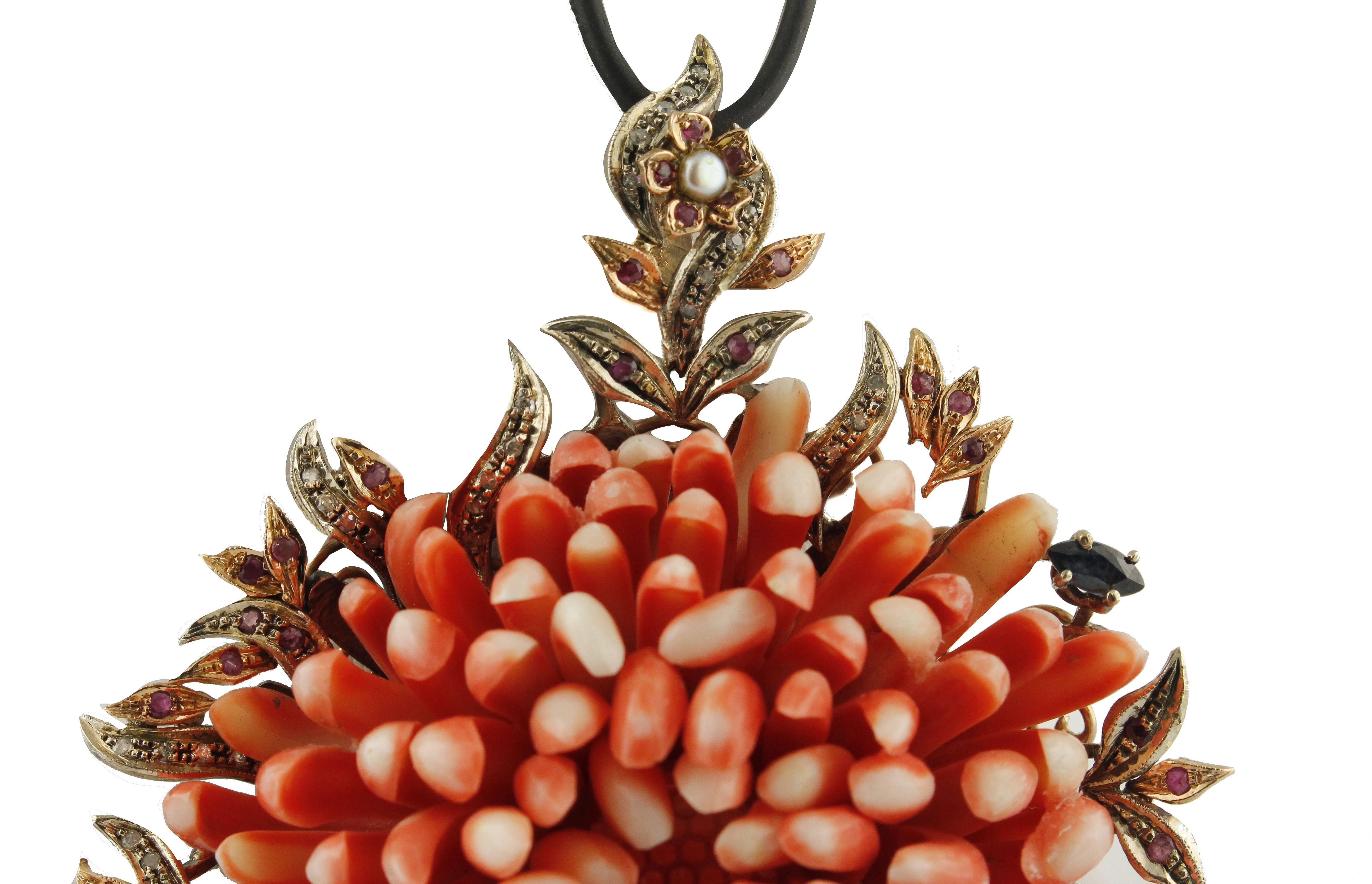 Round Cut Orange/Red Corals, Diamonds, Rubies, Sapphires, Rose Gold/Silver Pendant Necklace