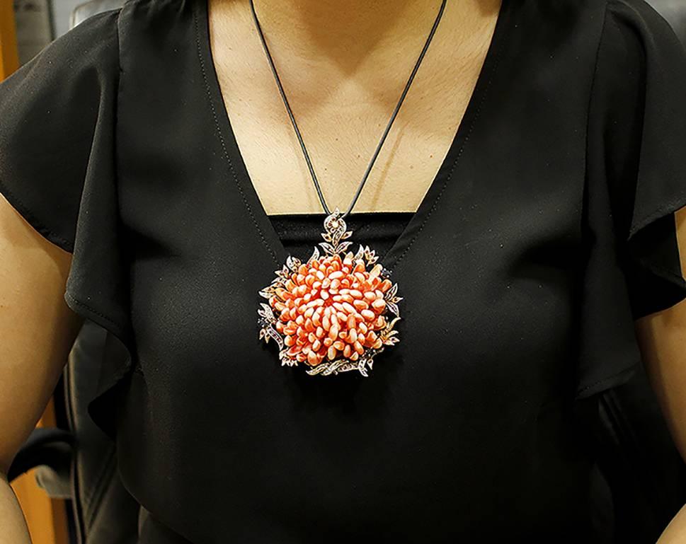 Women's Orange/Red Corals, Diamonds, Rubies, Sapphires, Rose Gold/Silver Pendant Necklace