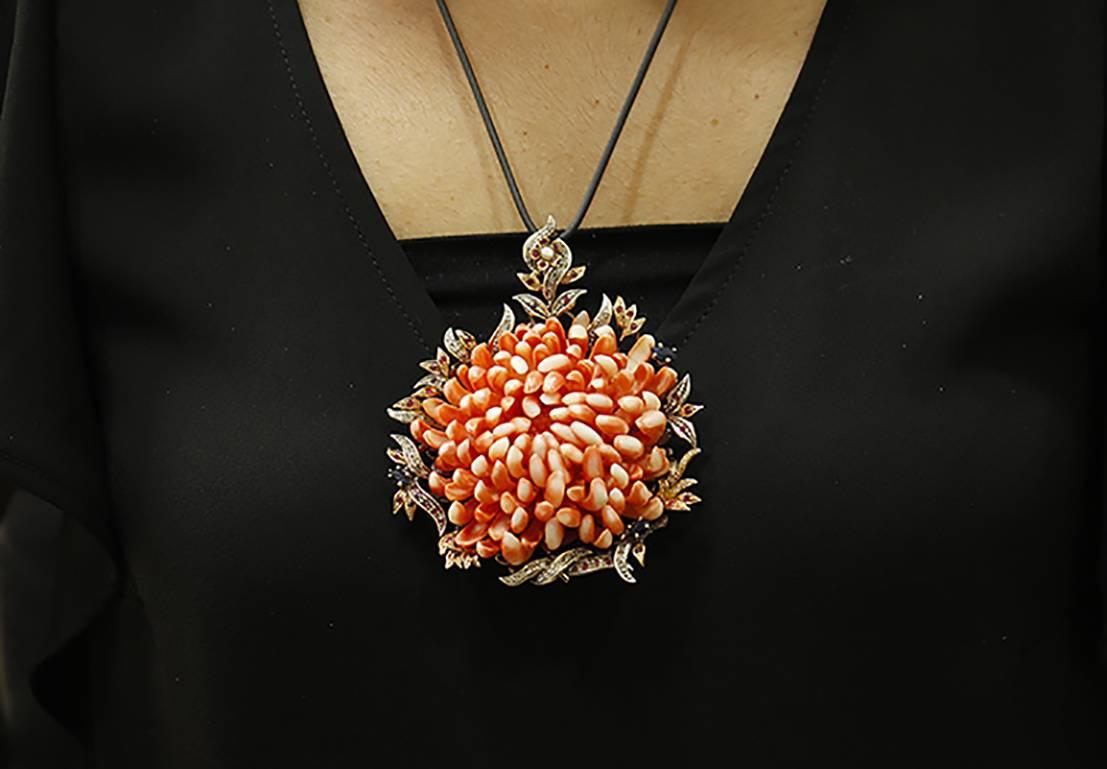 Orange/Red Corals, Diamonds, Rubies, Sapphires, Rose Gold/Silver Pendant Necklace 1