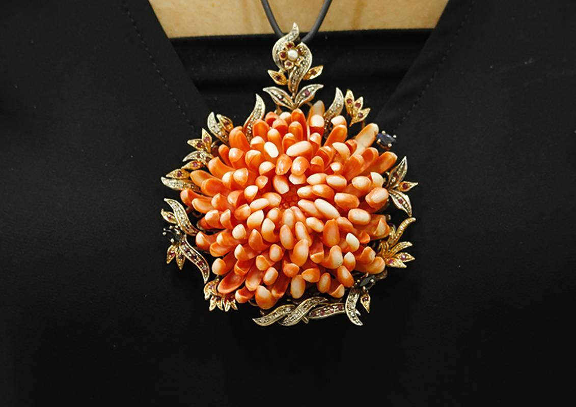 Orange/Red Corals, Diamonds, Rubies, Sapphires, Rose Gold/Silver Pendant Necklace 2