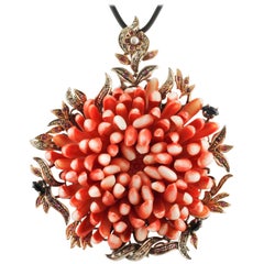 Orange/Red Corals, Diamonds, Rubies, Sapphires, Rose Gold/Silver Pendant Necklace