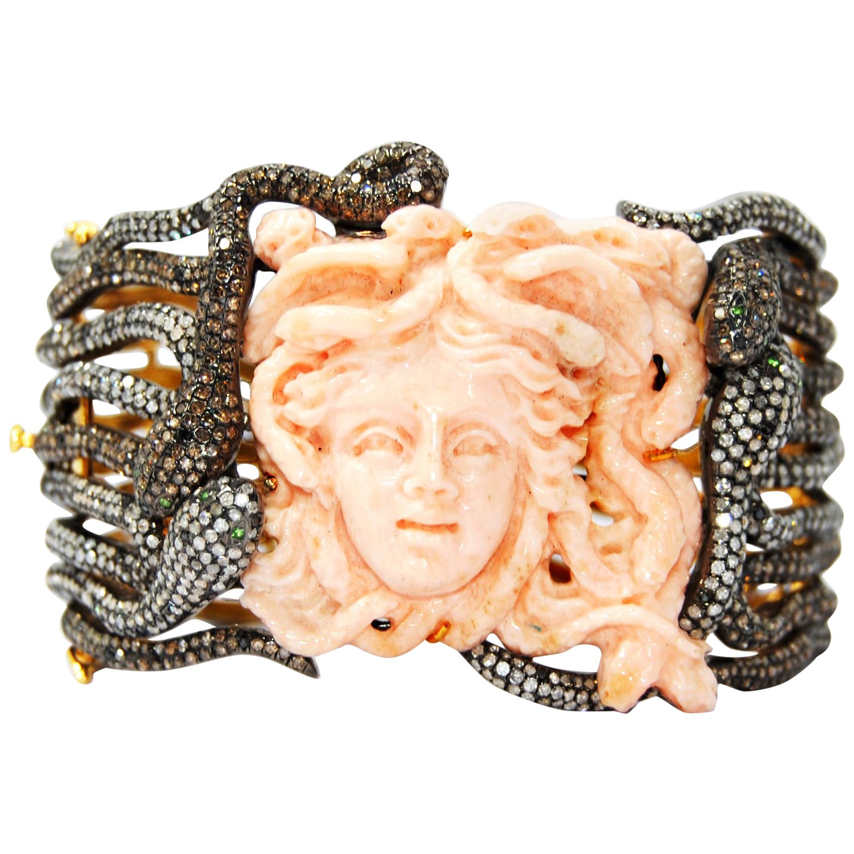 Coral Diamond Tsavorite Gold Silver Medusa Bracelet