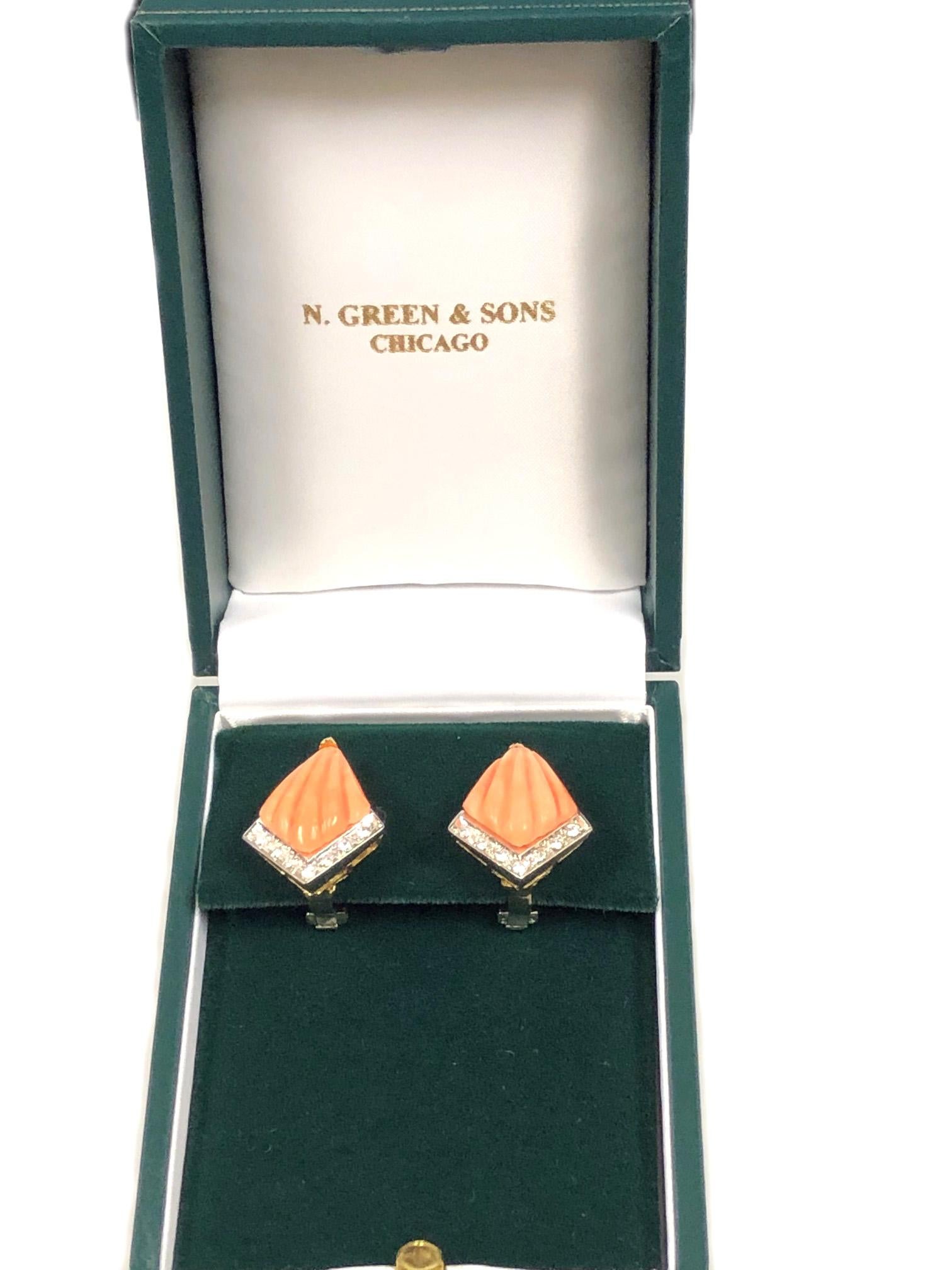 Coral Diamond, White and Yellow Gold Earrings 1