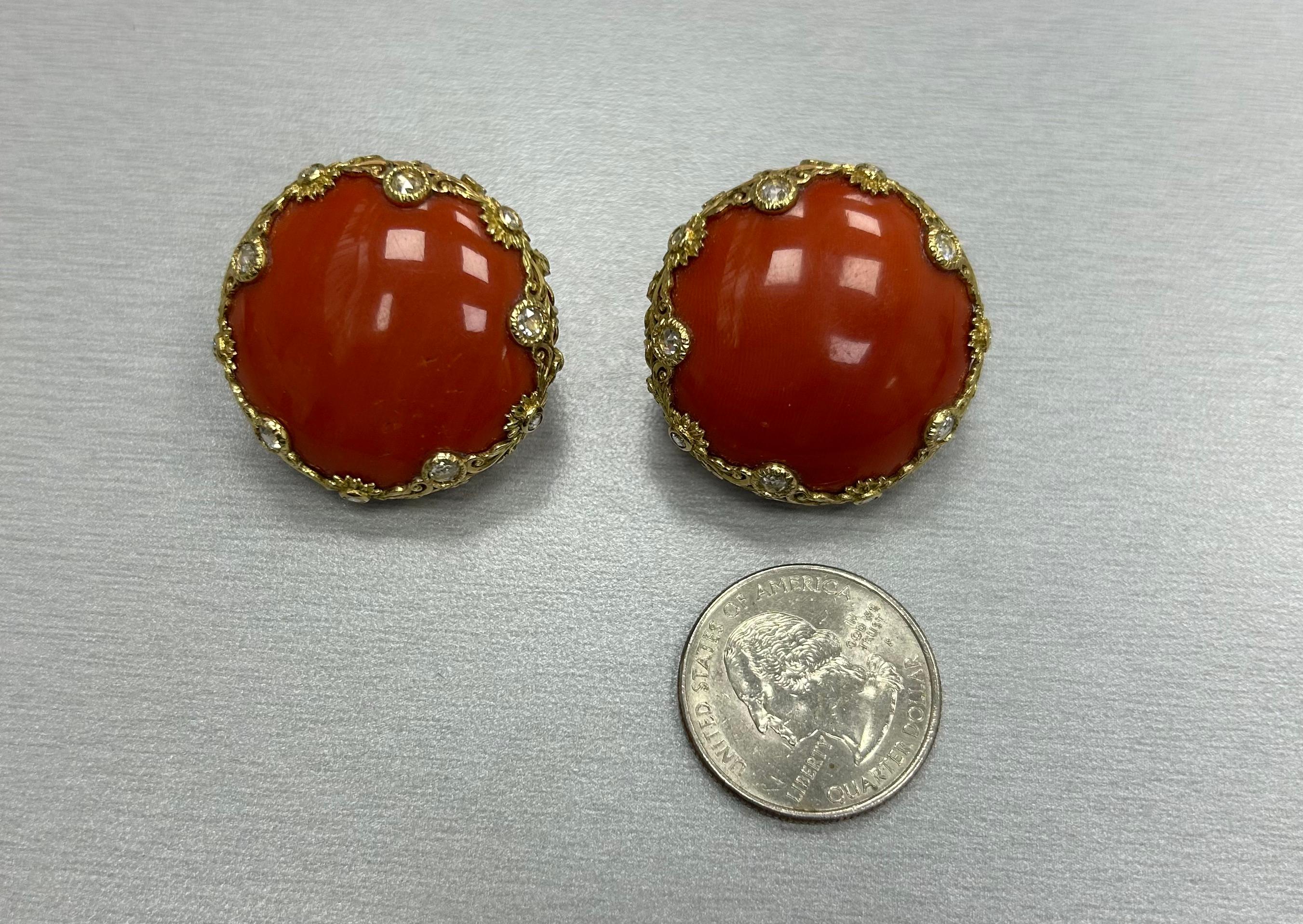Massive Quarter Size Coral Earrings with rose cut diamonds and filigree work on the back mounting, marked 750 Italy, 51.7g