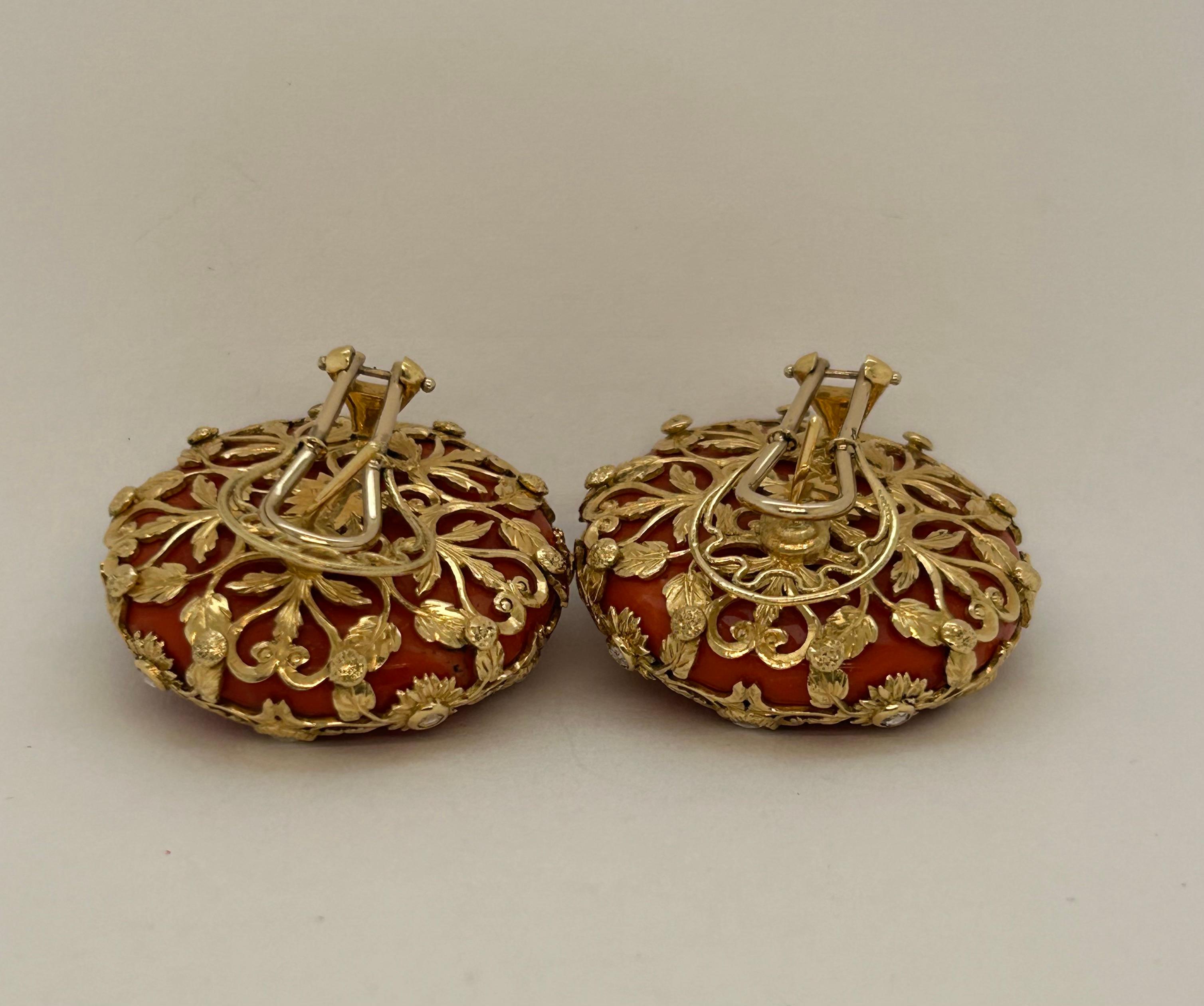 Coral diamond with YG Filigree Earrings For Sale 1