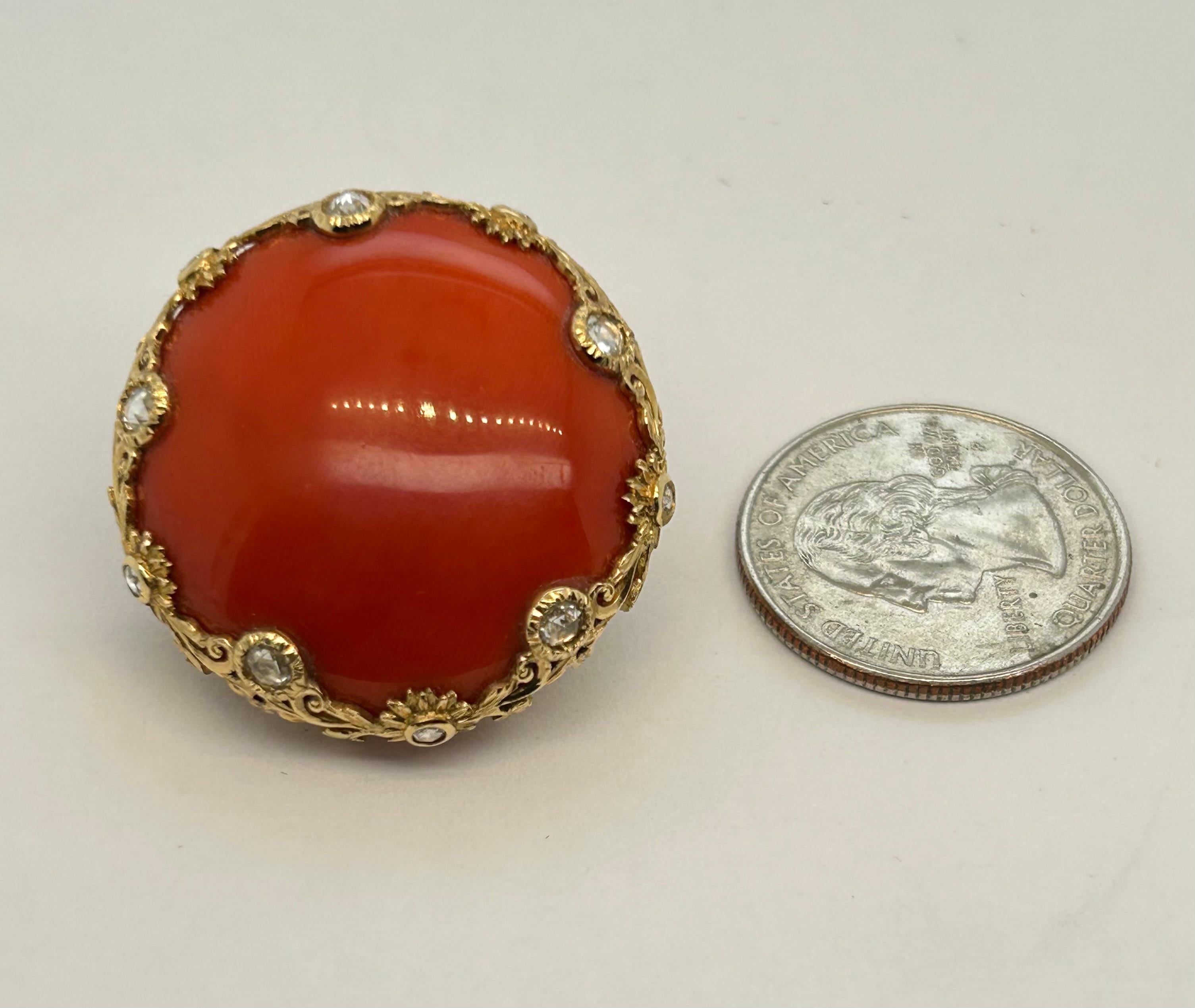 Coral diamond with YG Filigree Earrings For Sale 3