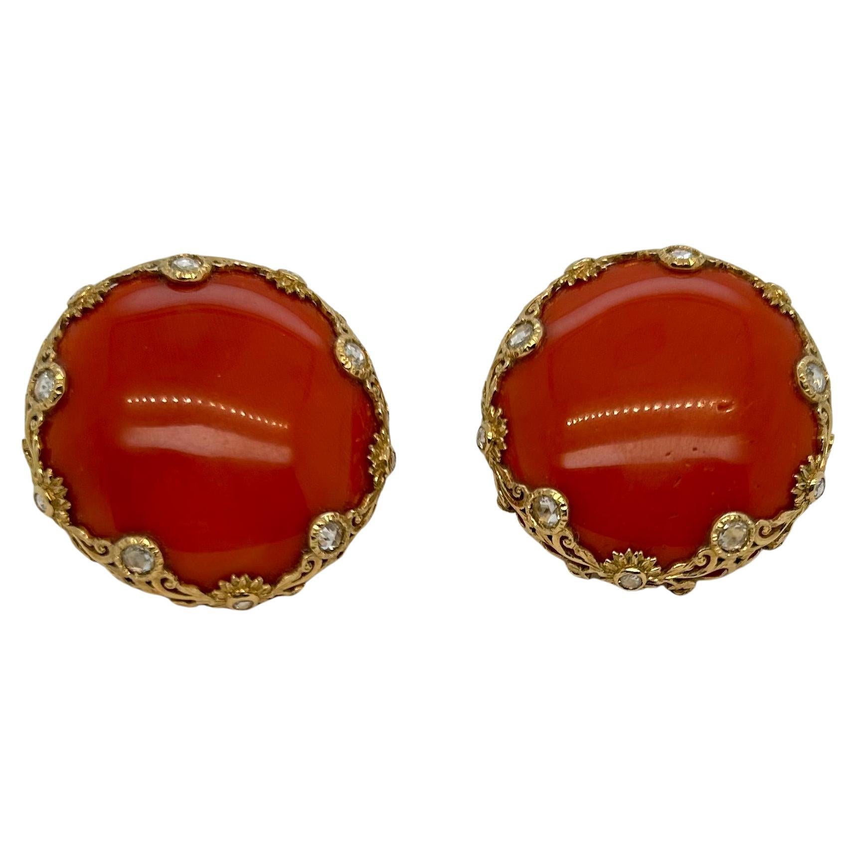 Coral diamond with YG Filigree Earrings For Sale