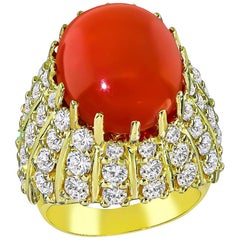 Vintage Coral Diamond Yellow Gold Cocktail Ring
