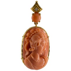 Coral Diamond Yellow Gold Pendant Necklace