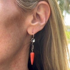 Coral Diamond Yellow Gold & Silver Antique Drop Earrings