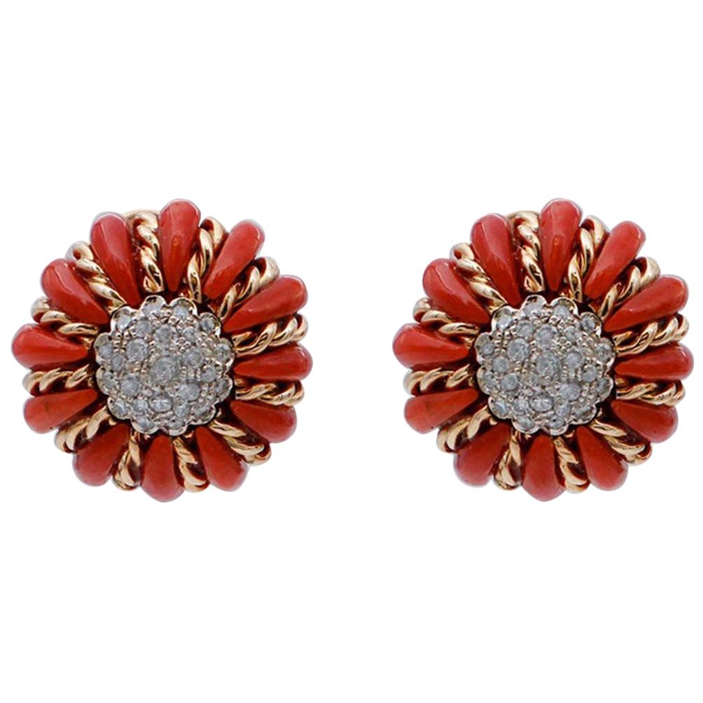 Coral, Diamonds, 14 Karat Rose and White Gold Stud Earrings For Sale