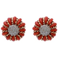 Coral, Diamonds, 14 Karat Rose and White Gold Stud Earrings