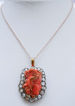 Coral, Diamonds, 14 Karat Rose Gold and Silver Pendant.