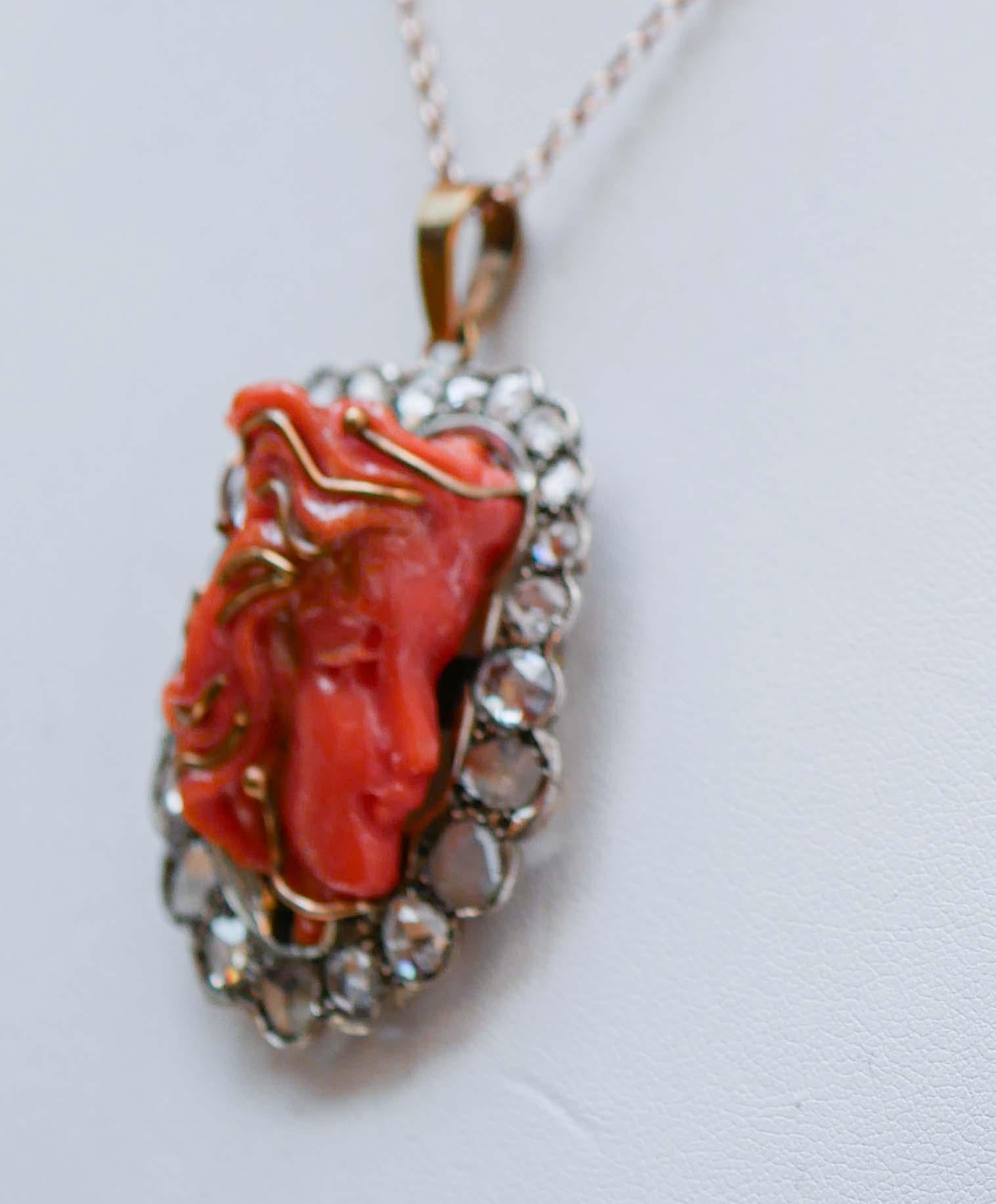 Retro Coral, Diamonds, 14 Karat Rose Gold and Silver Pendant. For Sale