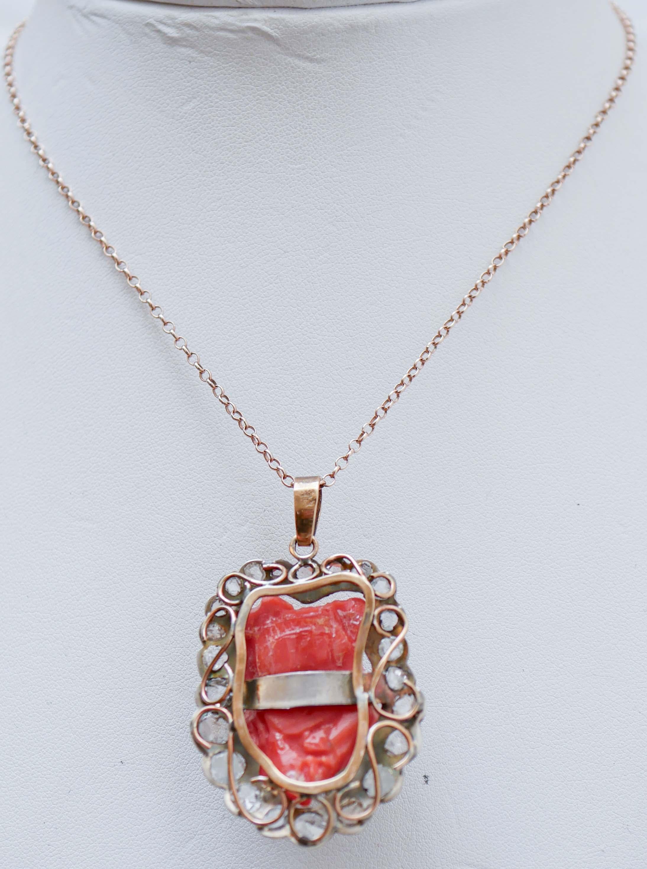 Mixed Cut Coral, Diamonds, 14 Karat Rose Gold and Silver Pendant. For Sale