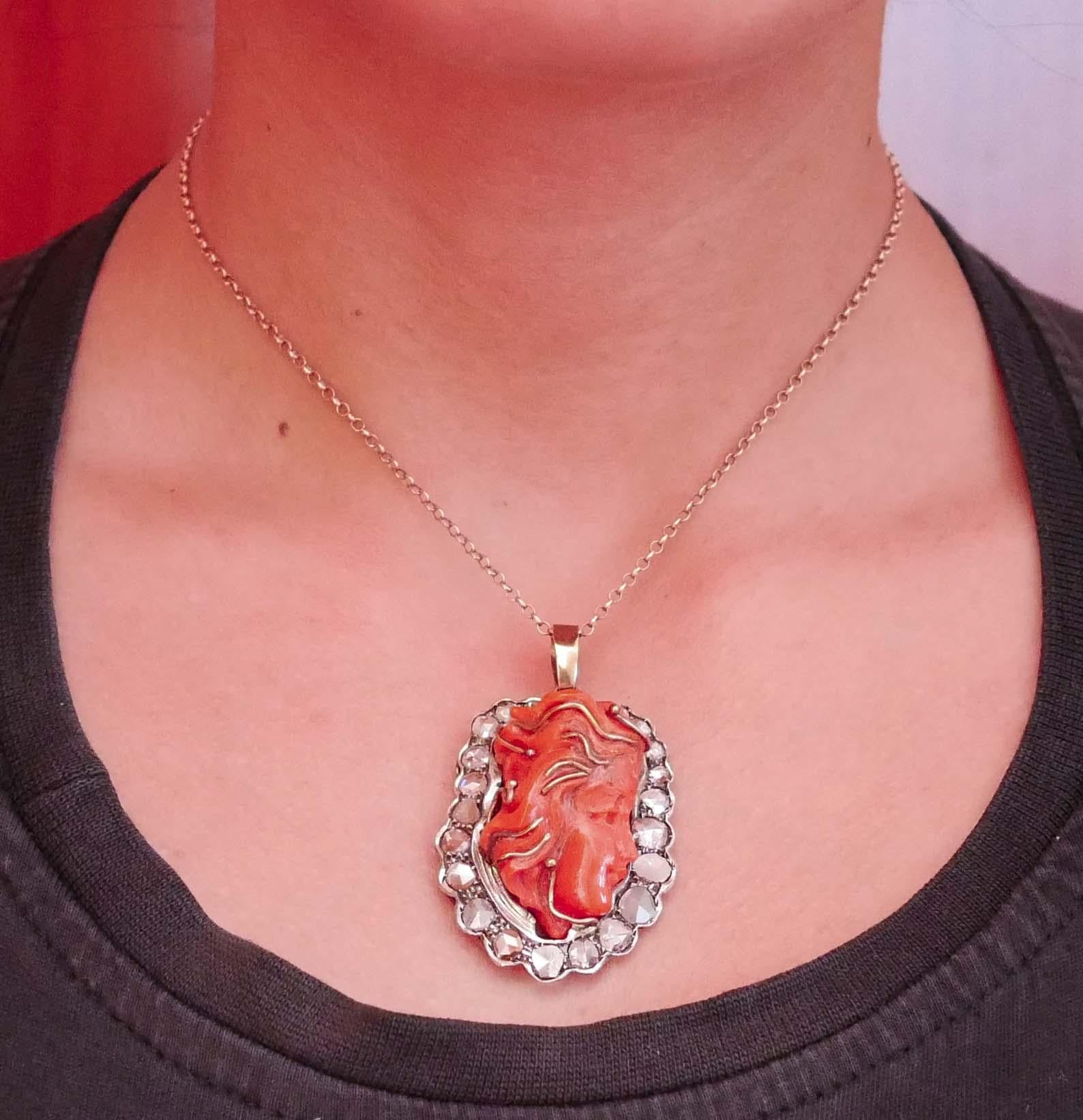 Women's Coral, Diamonds, 14 Karat Rose Gold and Silver Pendant. For Sale