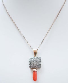 Halskette mit Anhänger aus Koralle, Diamanten, 14 Karat Roségold und Silber.