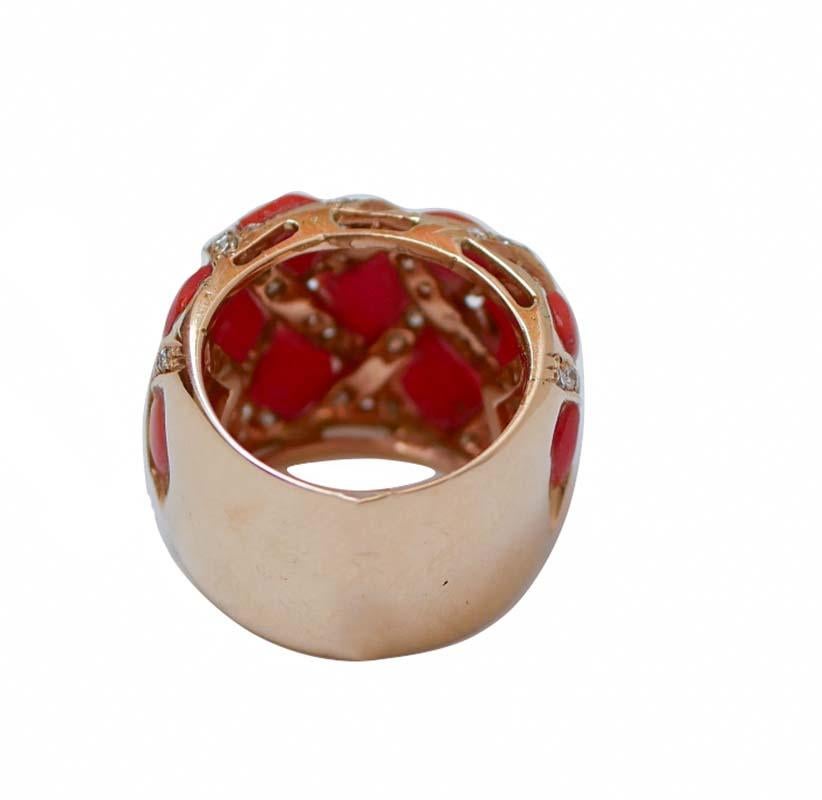 Retro Coral, Diamonds, 14 Karat Rose Gold Band Ring.