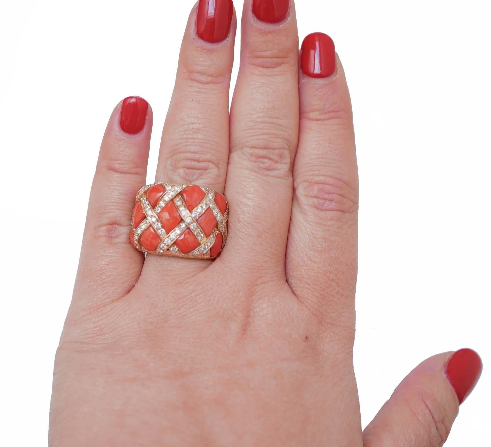 Mixed Cut Coral, Diamonds, 14 Karat Rose Gold Band Ring.