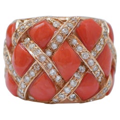 Coral, Diamonds, 14 Karat Rose Gold Band Ring.