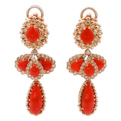 Coral, Diamonds, 14 Karat Rose Gold Dangle Earrings