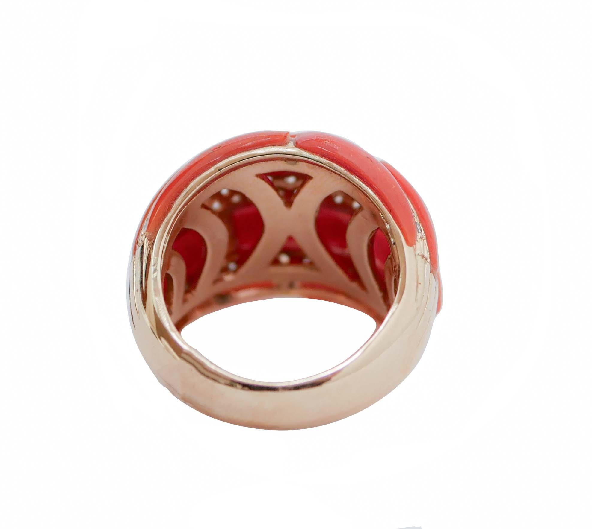 Retro Coral, Diamonds, 14 Karat Rose Gold Ring. For Sale