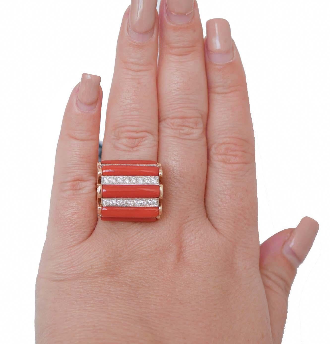 Mixed Cut Coral, Diamonds, 14 Karat Rose Gold Ring.