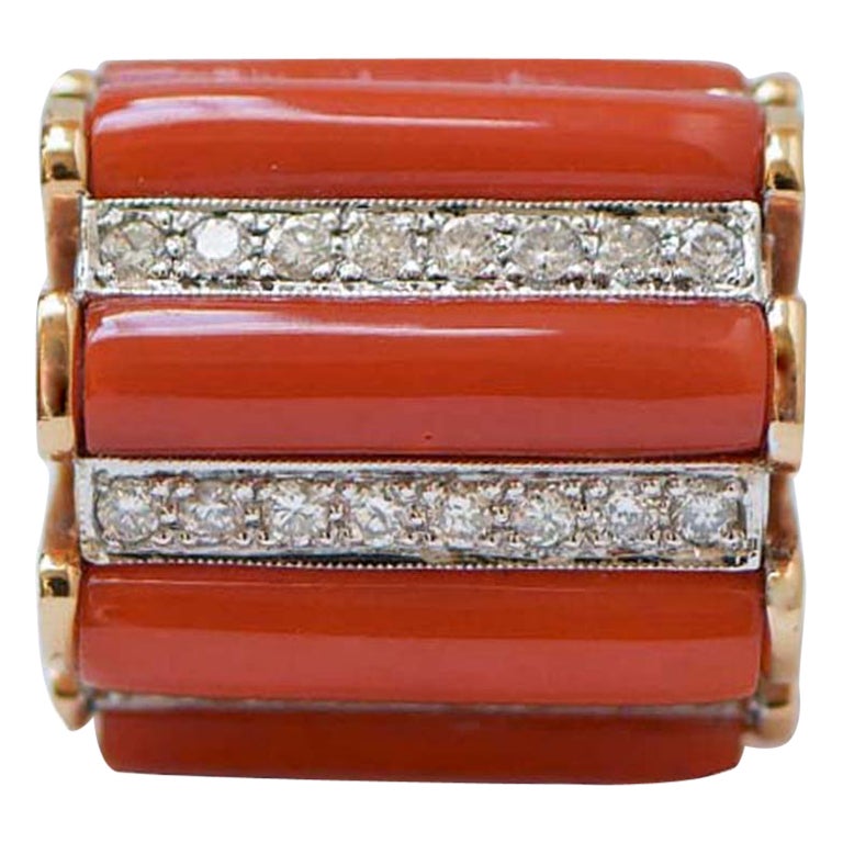 Coral, Diamonds, 14 Karat Rose Gold Ring.