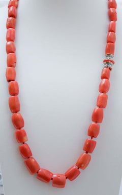 Coral, Diamonds, 14 Karat White Gold and Rose Gold Necklace.