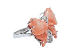 Coral, Diamonds, 14 Karat White Gold Butterfly Ring.