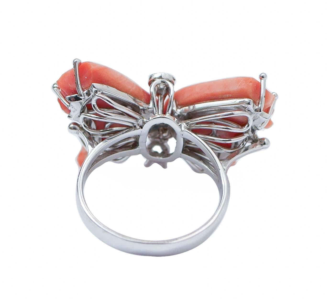 Retro Coral, Diamonds, 14 Karat White Gold Butterfly Ring. For Sale