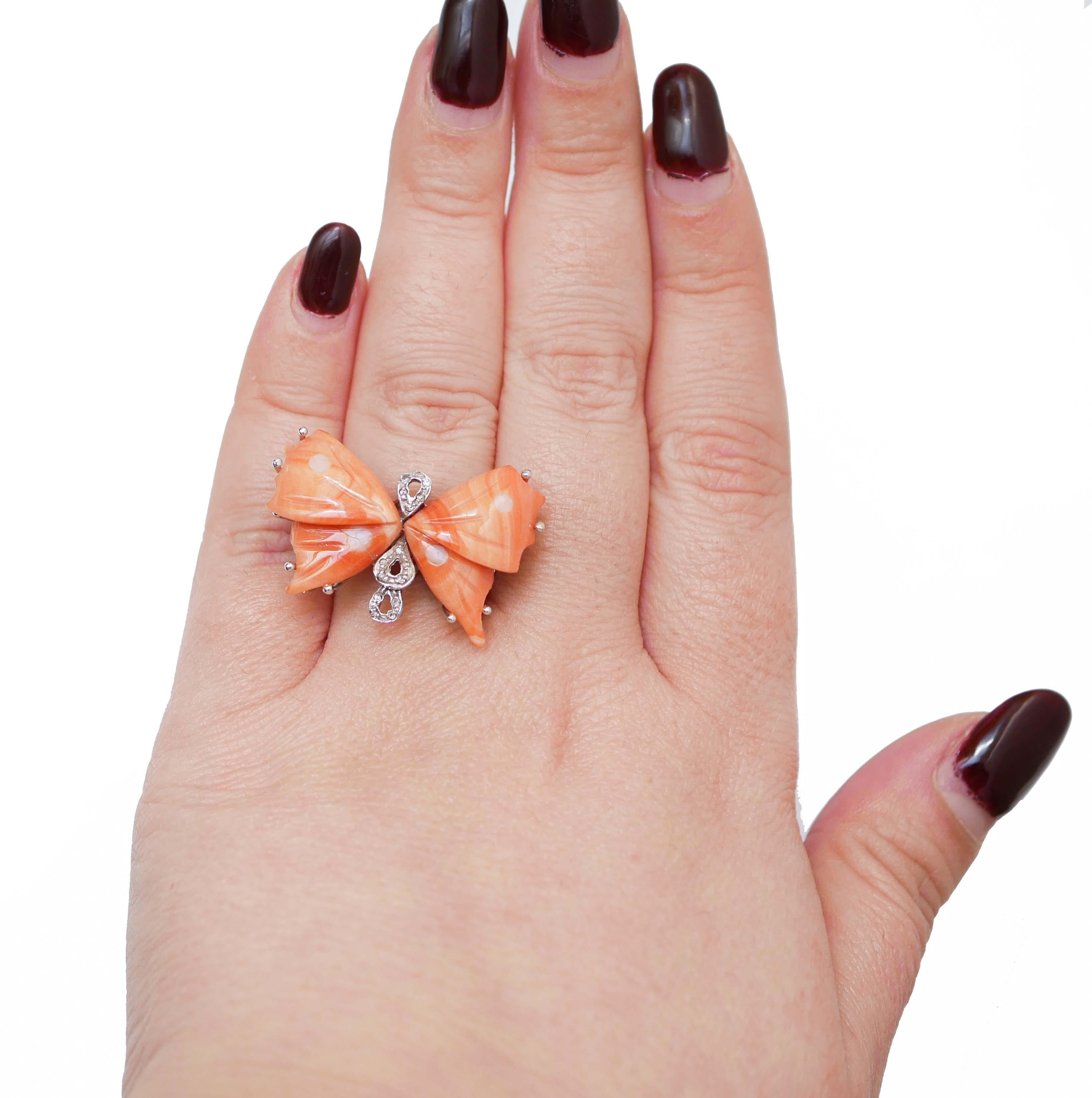 Mixed Cut Coral, Diamonds, 14 Karat White Gold Butterfly Ring. For Sale