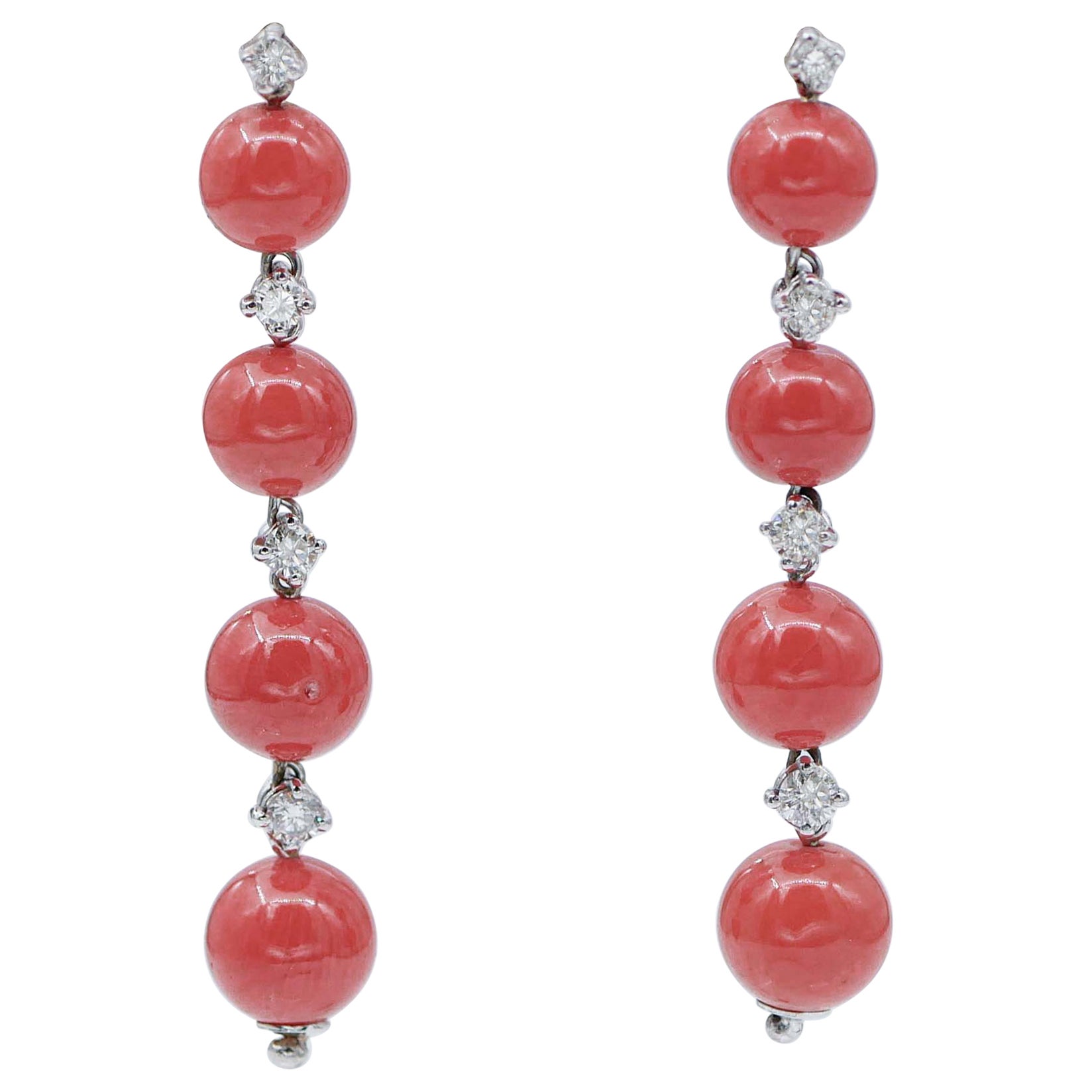 Coral, Diamonds, 14 Karat White Gold Dangle Earrings