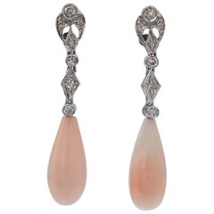 Coral, Diamonds, 14 Karat White Gold Earrings. Coral, Diamonds, 14 Karat White Gold Earrings.