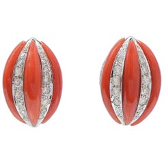 Vintage Coral, Diamonds, 14 Karat White Gold Earrings.