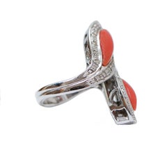 Coral, Diamonds, 14 Karat White Gold Ring.