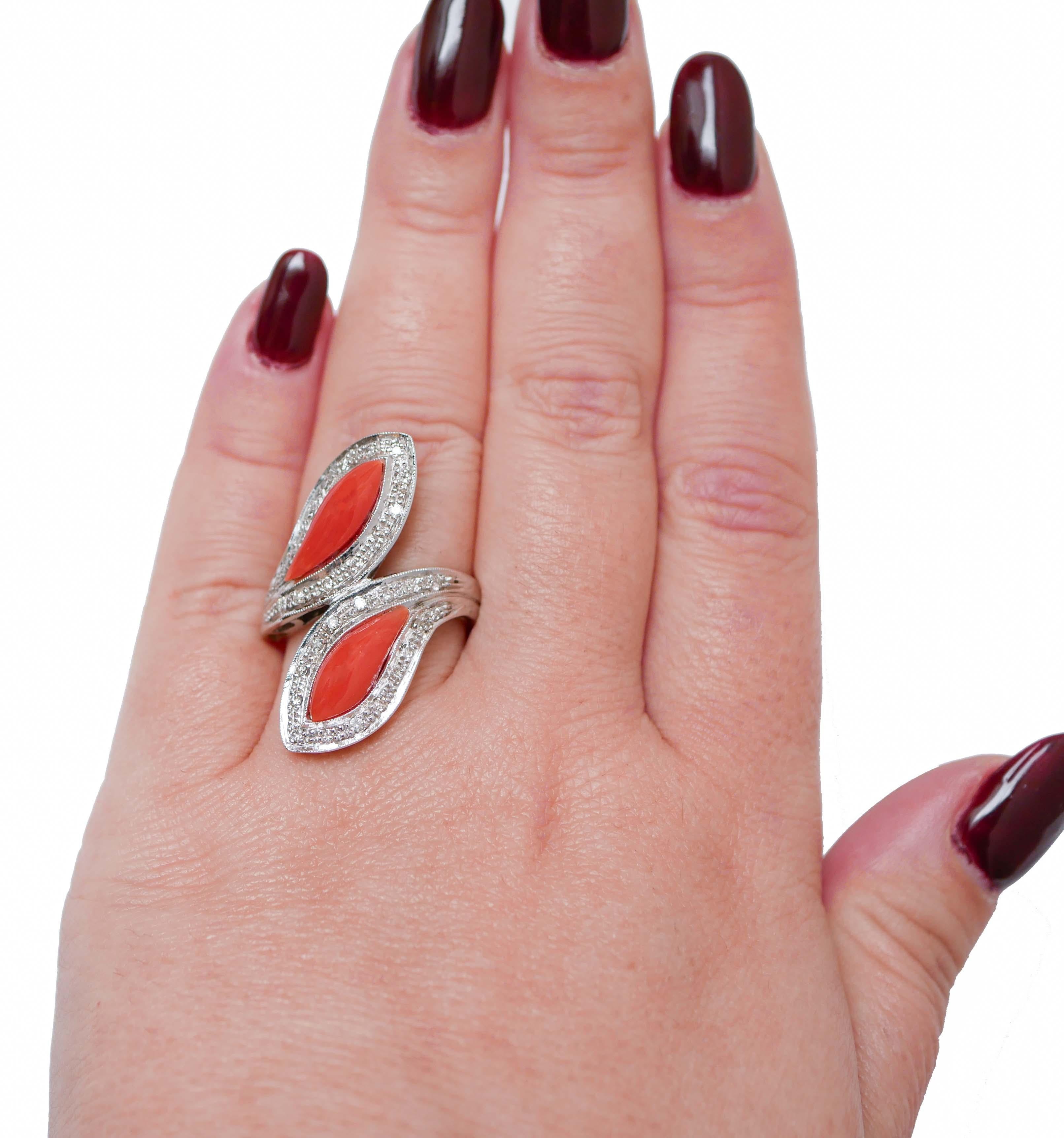 Mixed Cut Coral, Diamonds, 14 Karat White Gold Ring. For Sale