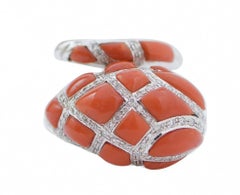 Coral, Diamonds, 14 Karat White Gold Snake Ring.