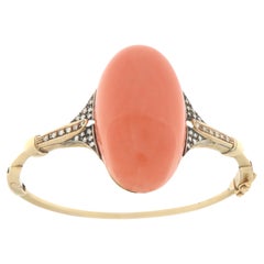 Bracelet jonc en or jaune 14 carats avec corail et diamants