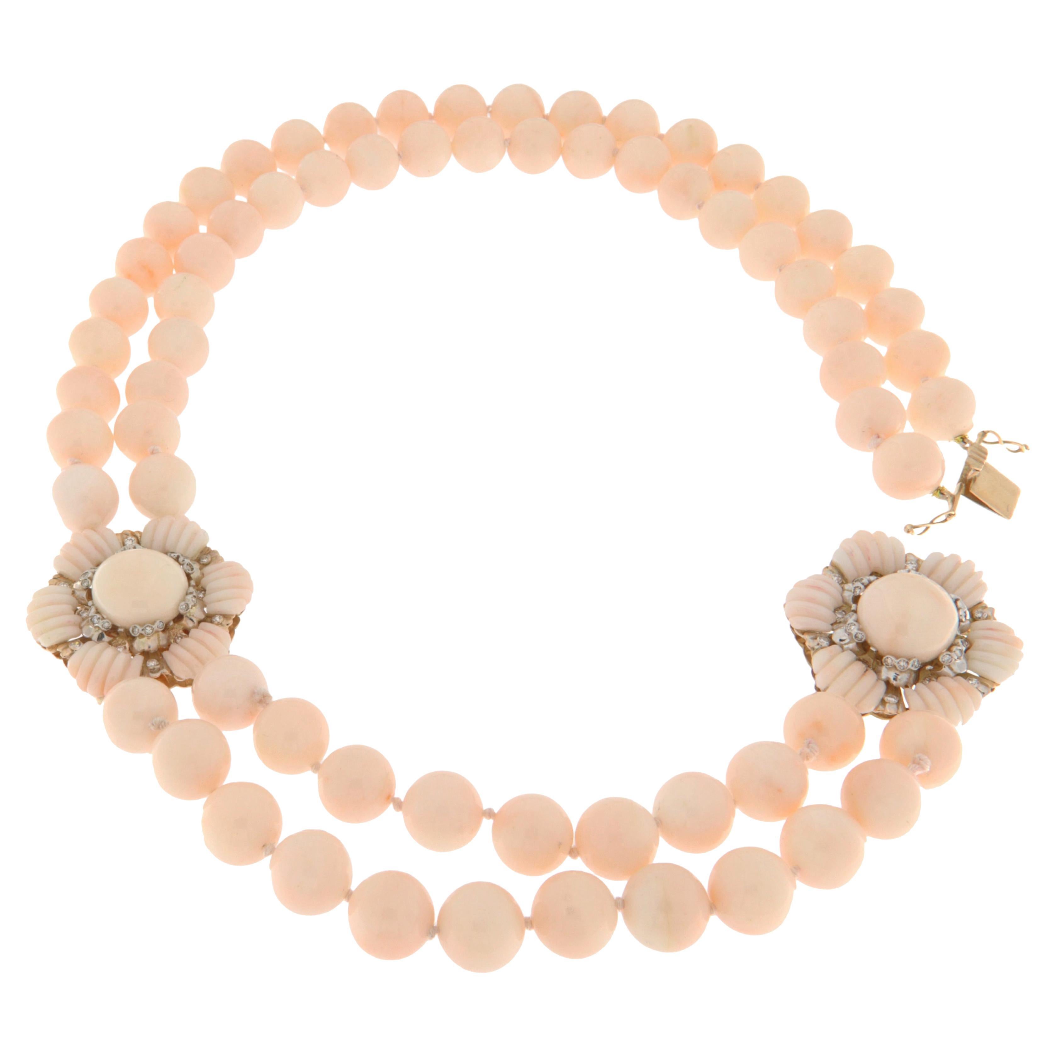 Coral Diamonds 14 Karat Yellow Gold Beaded Necklace