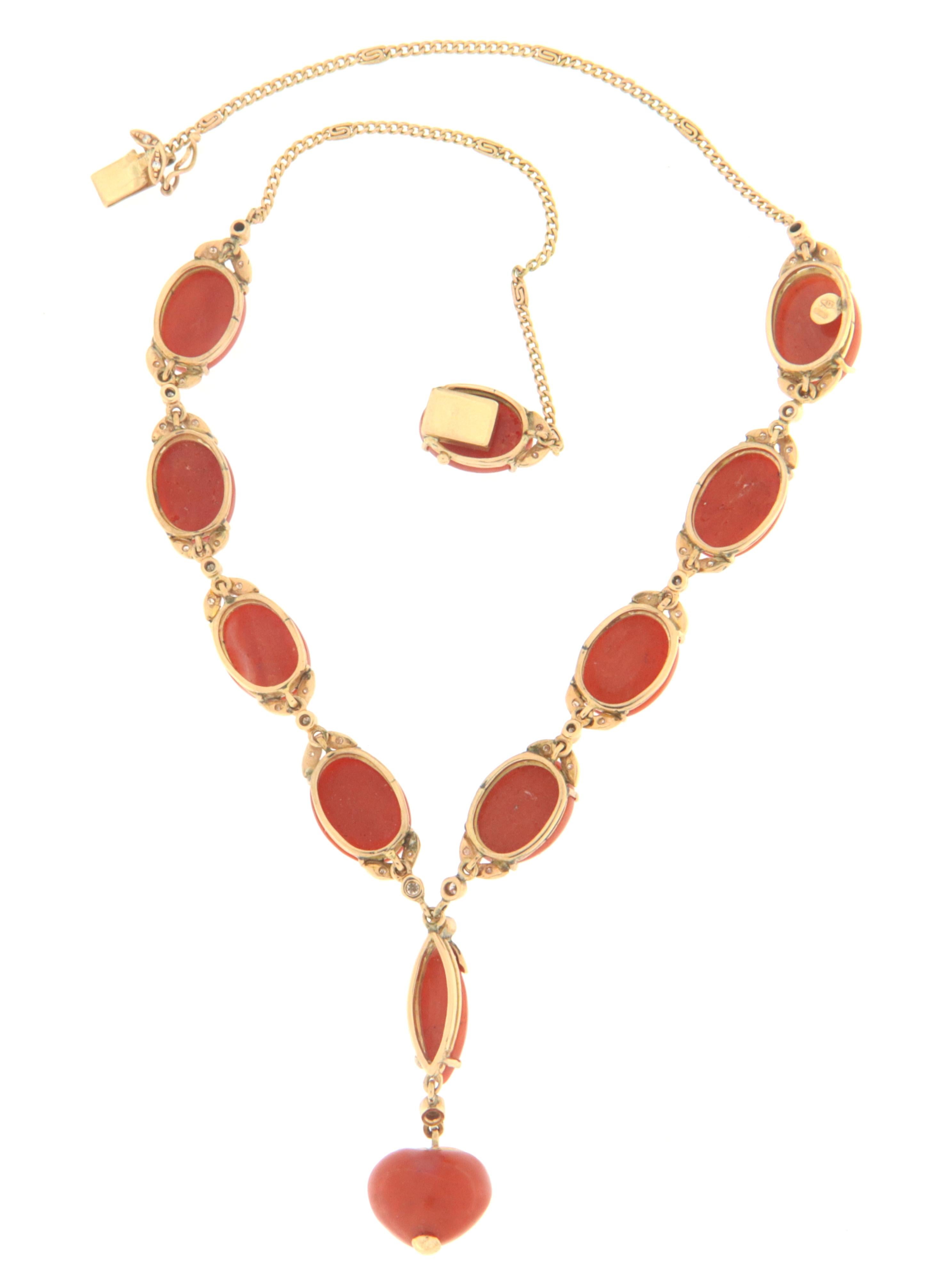 Artisan Coral Diamonds 14 Karat Yellow Gold Choker Necklace For Sale