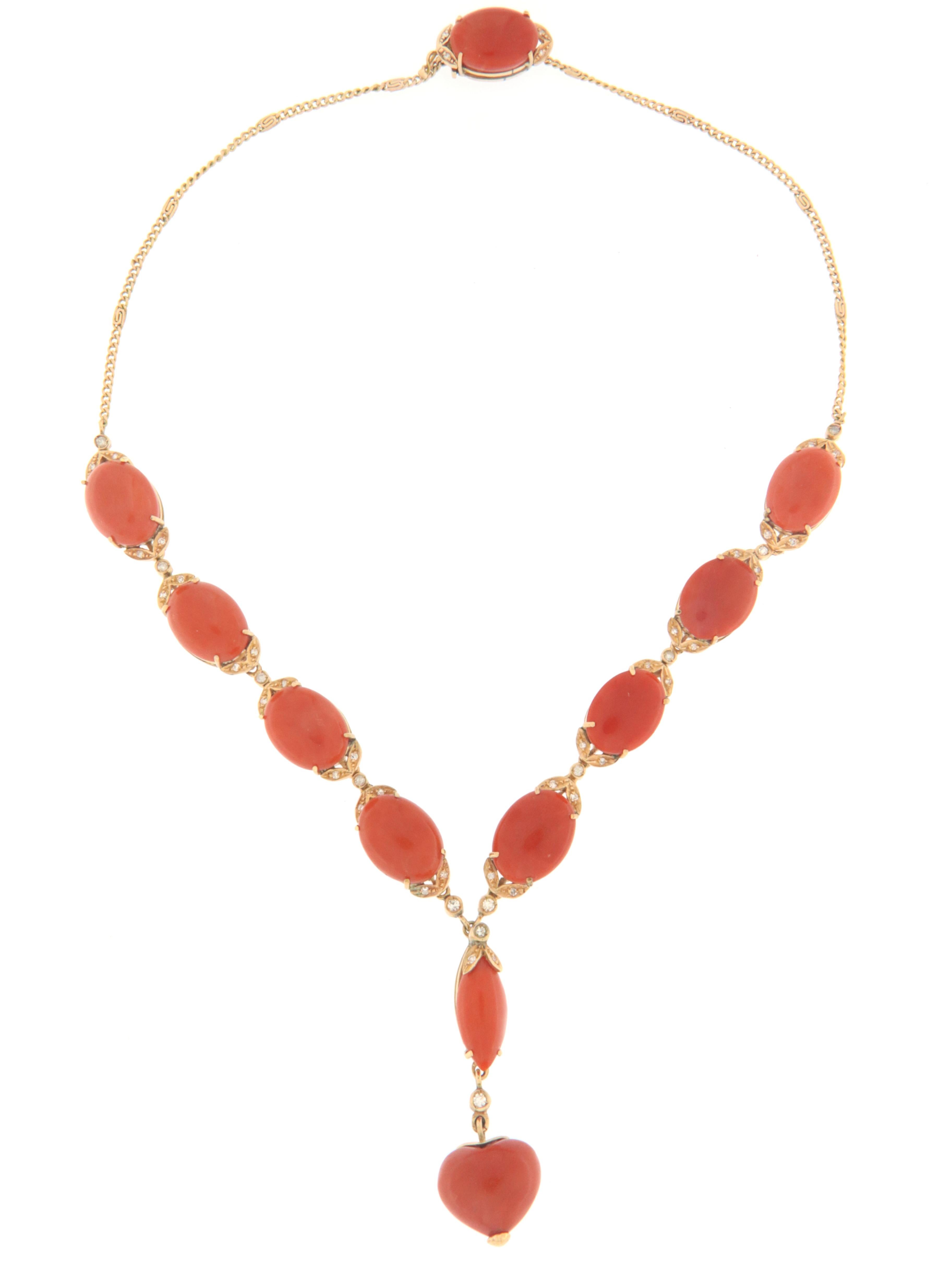 Brilliant Cut Coral Diamonds 14 Karat Yellow Gold Choker Necklace For Sale